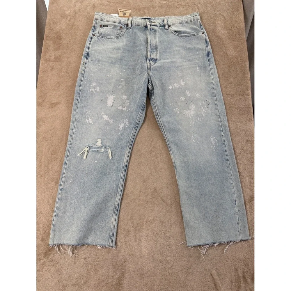 Polo Ralph Lauren Relaxed Straight Crop Jeans Womens 33 Light Paint Splatter New